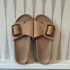 Vince Suede Slides with big tortoiseshell buckle  and jute braided side detail
